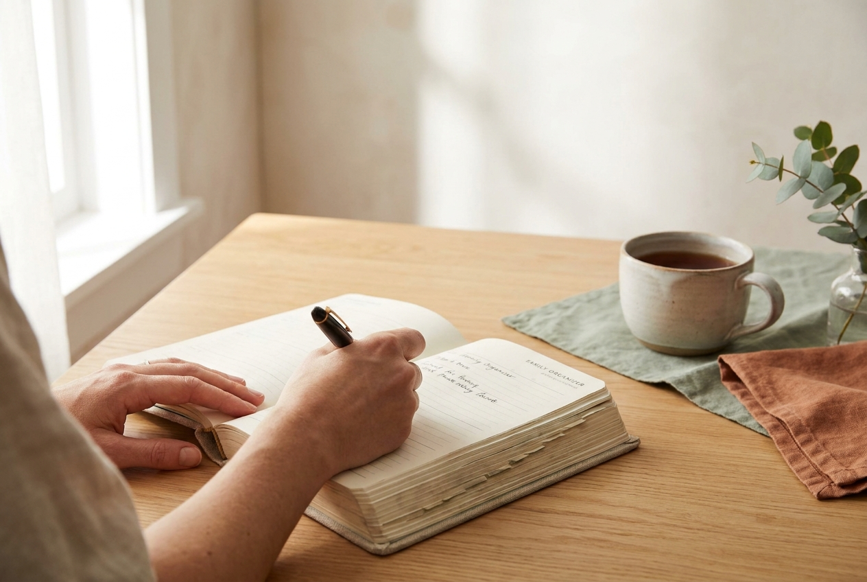 An open family organizer binder on a sunlit table
